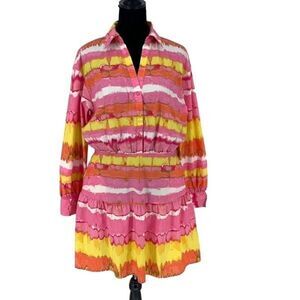 Scoop Women’s Mini Tiered Dress‎ Pockets Collared Medium Sherbet Tie Dye
